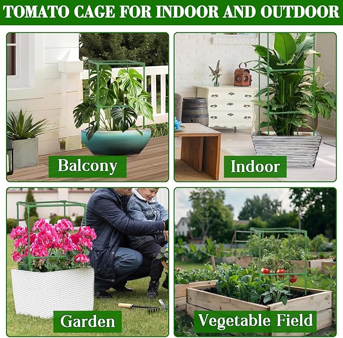 ZeeDix 6 Pack Heavy Duty Tomato Cages for Garden 60 Inches, Square Adjustable Tomato Trellis Cage Climbing Plant Support Trellis Plant Cages for Climbing Vegetables Flowers with 40Pcs Clips