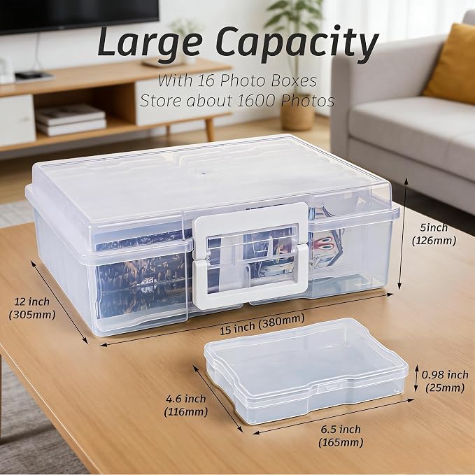 4×6 inch Plastic Photo Storage Box,Photo Cases,Picture Storage Containers With Handle,16pcs photo organizers and storage For Photos,Picture,Greeting Card,Stickers,Seed,Craft Supplies (Clear)