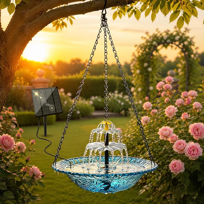 Solar Hanging Bird Bath Fountain, Solar Powered Cascading Water Fountain, Outdoor Hanging Bird Bath with Solar Fountain for Garden, Patio, Backyard