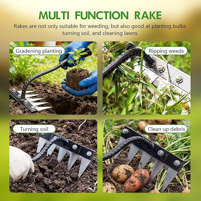Garden Hand Rake Tool Carbon Steel, Long Handle Weeding Garden Rake, Forged Iron Weeding Rake, Thickened 5 Teeth Carbon Steel Garden Weeding and Leaf Removal Tools
