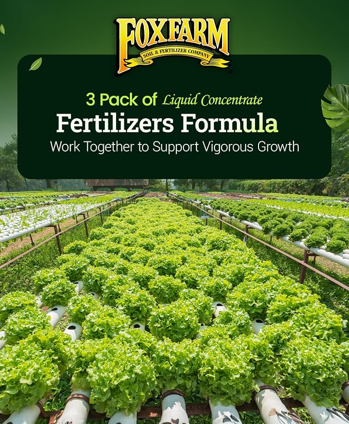 FoxFarm Hydro Liquid Trio Pack - Big Bloom, Grow Big Hydroponic, Tiger Bloom Fertilizers for Plant Growth, Bud Development & Abundant Fruit - Complete Hydroponic Plant Food Set - 3 Pint Bottles