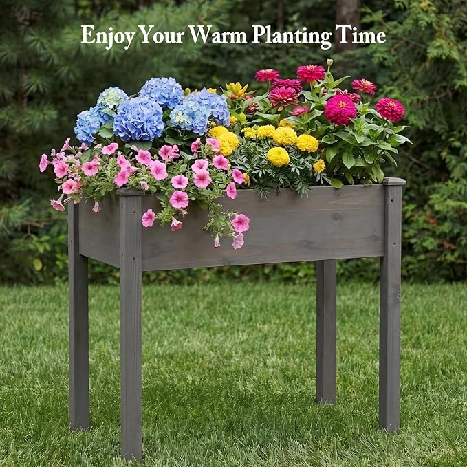 DUMOS Raised Garden Bed with Legs, 34x18x30 Inch Planter Box Outdoor with Liner for Herbs Flowers Vegetables, Elevated Wooden Garden Bed for Patio, Balcony and Backyard, Dark Grey