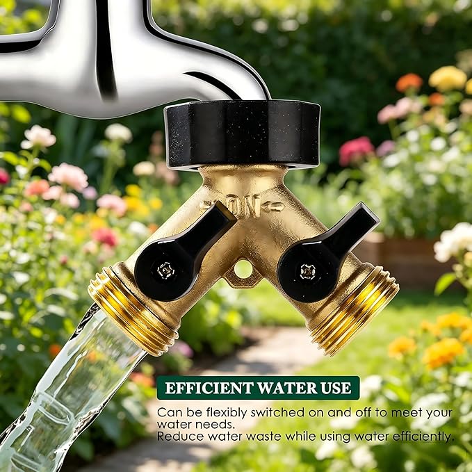 Dalmbox Garden Hose Splitter 2 Way, Y Connector Brass Garden Hose Adapter, Water Hose Splitter, Double Shut Off Valve, Includes 5 Rubber Washers & Teflon Tape(2 pack)