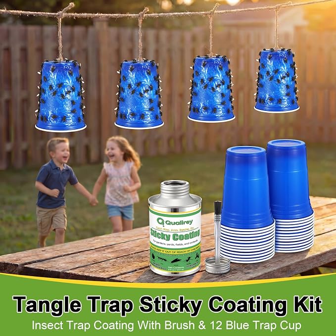 Qualirey 8 oz Tangle Trap Sticky Coating with Brush and 12 Plastic Trap Cups, DIY Insect Adhesive Barrier Coating for Lanternflies & Deerflies, Outdoor Guard for Trees, Plants, Gardens & Orchards