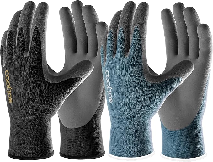 COOLJOB Gardening Gloves for Men, 2 Pairs Breathable Rubber Coated for Garden Weeding Landscaping, Outside Work for Lawn Yard, Men's Medium Size, Black & Blue