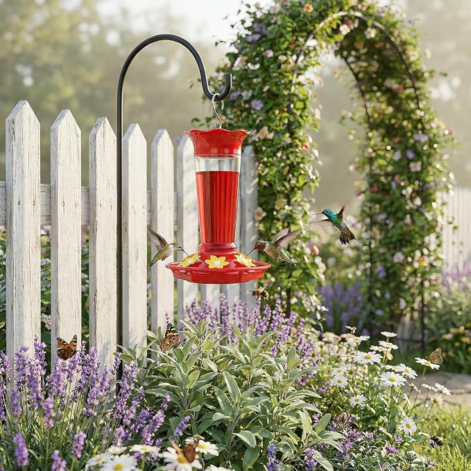 FEED GARDEN 10oz Plastic Hummingbird Feeders for Outdoors - 1 Pack, Ant & Bee Proof, 6 Feeding Ports, Easy Clean Red Nectar Feeders for Outside Hanging, Gifts for Mom