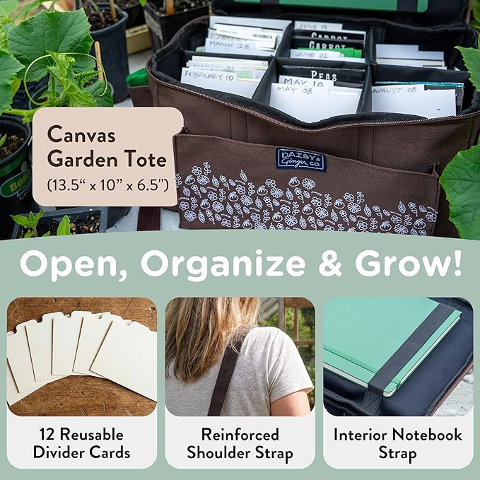 SEED STORAGE ORGANIZER TOTE BAG - Flexible Canvas Seed Organizer Holds 180 Seed Packets with Shoulder Strap, Side Pockets and 12 reusable Tabs for Gardeners | Water Resistant Bottom, Notebook Straps