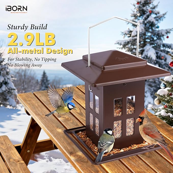 iBorn Bird Feeder for Outdoor Hanging,Metal Bird Feeder Hanging Outside for Cardinal, Double-Sided Hanger Wild Birdfeeder All Metal Constructions, Holds 2.6LB Seed, Bronze,8 Ports