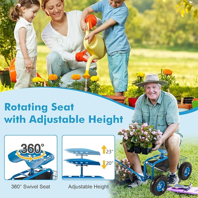 J-Sun-7 Garden Cart with Seat - Rolling Garden Scooter, Steel Stool with Wheels, 360 Degree Swivel Work Seat, Adjustable Handle, Tool Tray, Basket, Gardening Stools for Seniors, Blue