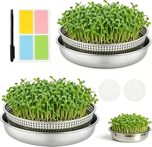 2 Pack Stackable Sprouting Trays with Mesh Lids, 304 Stainless Steel Soil-Free Sprouter Kit for Microgreens Broccoli Alfalfa Bean Seeds