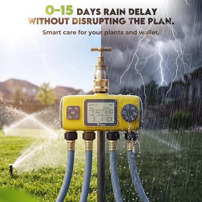 4 Zone Water Timer for Garden Hose, 4 Outlets Sprinkler Timer for Watering with Brass Inlet,Rain Delay/Automatic/Manual Irrigation System for Garden Sprinkler Controller for Lawn Yard Garden
