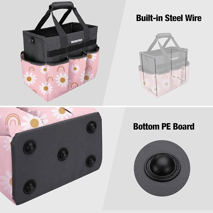 WORKPRO Garden Tool Bag Organizer, Heavy Duty Gardening Tote Bag with 10 Pockets and Long Adjustable Shoulder Strap, Standable Garden Home Tool Kits Organizer, Floral Pink - Pink Ribbon