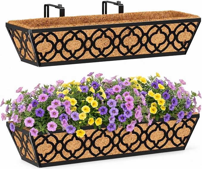 Y&M Window Boxes Horse Trough with Coconut Coir Liner, 24 Inch Window Deck with Coco Liner, Fence Metal Hanging Flower Planter Window Basket Deck Railing Planter Boxes (Flower 24in 2P)