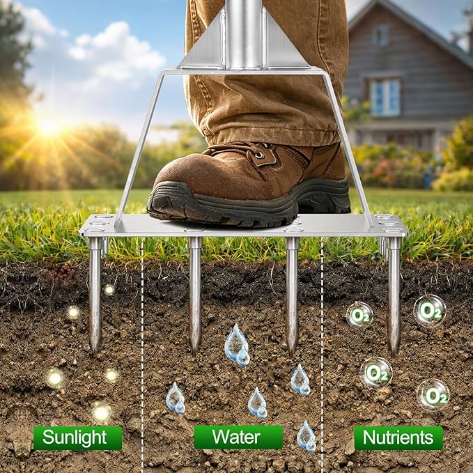 Lawn Aerator Tool, Heavy-Dut Stainless Steel Lawn Spike Aerator for Compact Soil Relief, Deep Root Aeration, Triangular Welded Base, 39.3" Long Handle for Yard Garden Lawn Care