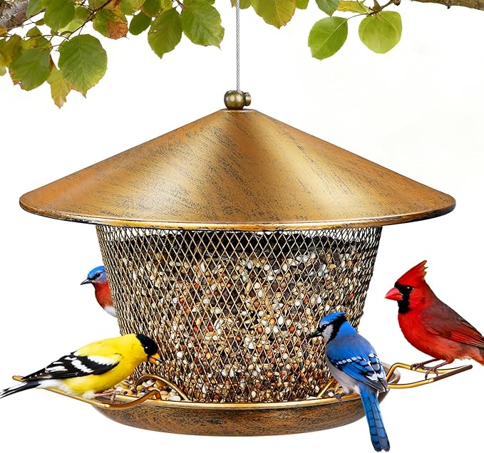 Metal Bird Feeder for Outdoor Hanging, Heavy Duty Waterproof Bird Feeder for Outside with 9.8" Roof, 3.5 LBs Seeds Capacity, Easy to Fill & Clean