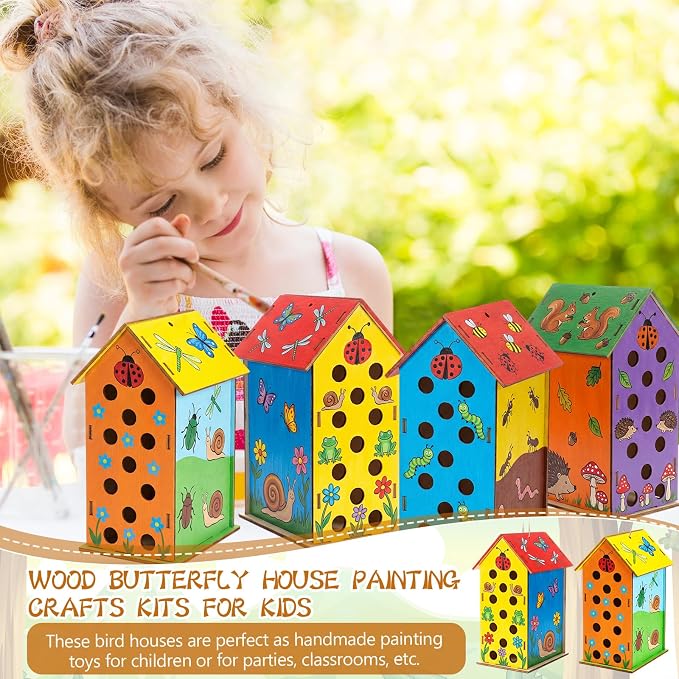DoubleFill 12 Pack Wood Ladybirds House Painting Crafts Kits My First Ladybugs House DIY Art Craft Kit with Hemp Rope DIY Cedar Wooden Birdhouse for Building Bee Butterfly Habitat, No Paint