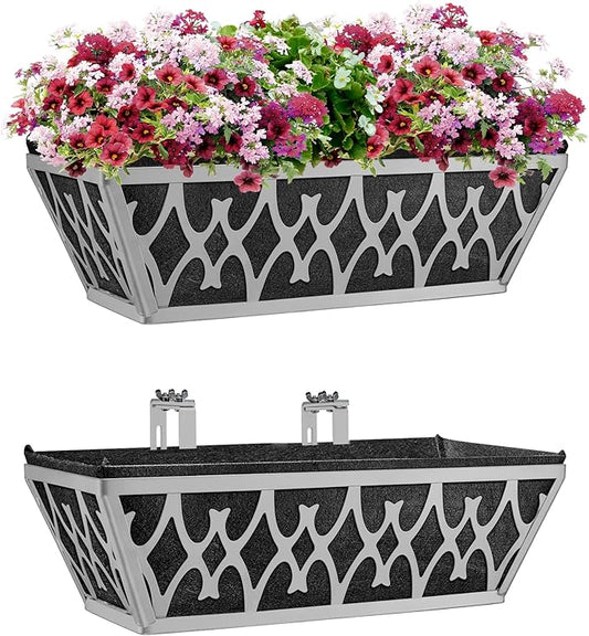 2 Pack 16 Inch Window Boxes Planters Railing Planter Box with Adjustable Brackets & Non-Woven Fabric Plant Grow Bags Deck Railing Planter Boxes Balcony Hanging Flower Box for Outdoor Plants