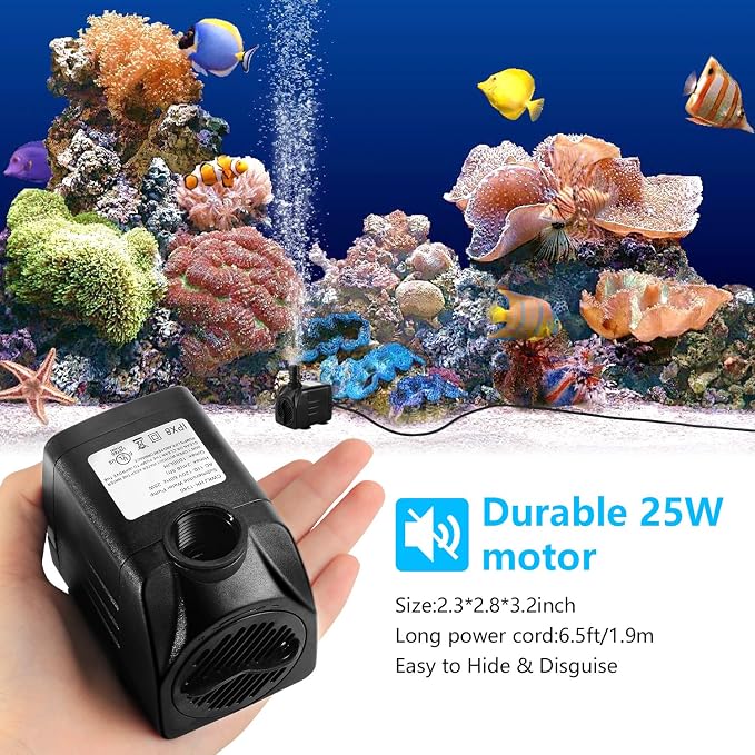 CWKJ Fountain Pump, 400GPH Submersible , Durable 25W Outdoor Water Pump with 6.5ft Power Cord, 3 Nozzles for Aquarium, Pond, Fish Tank, Water Pump Hydroponics, Backyard Fountain