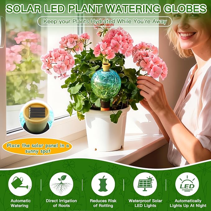 SAVENNA Crackle Glass Plant Watering Globe with Terracotta Spike,Self-Watering Irrigation for Potted Plants, with Solar Accent Light for Indoor & Outdoor Décor, 17oz, Blue–Green Gradient