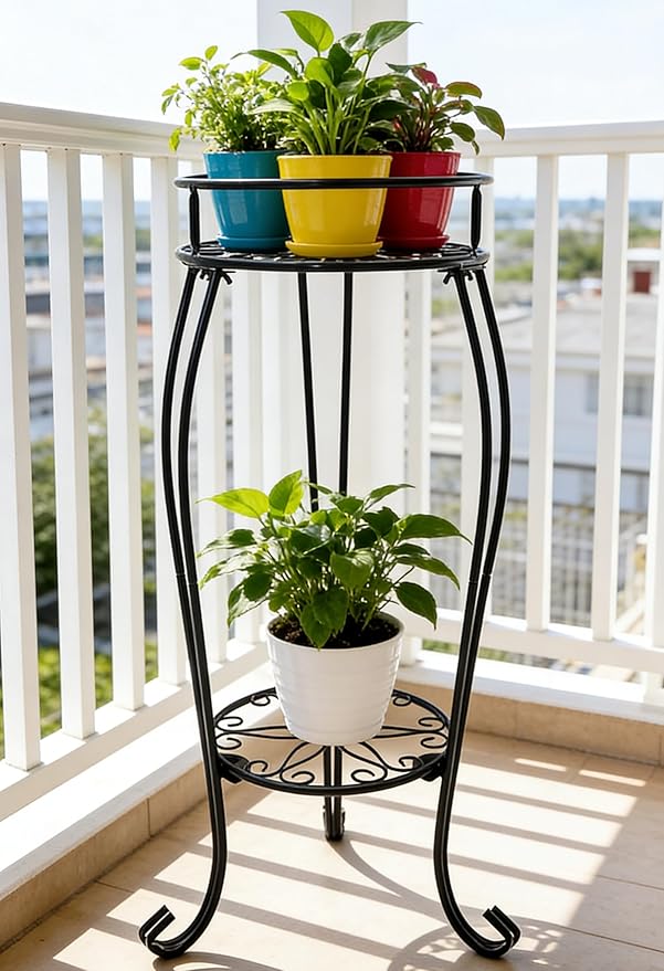 CASIMR 2-Pack Plant Stand, 2 Tier 26.8 inch Tall Metal Potted Holder Rack,Indoor Outdoor Multiple Flower Pot Shelf Rustproof Iron Garden Container for Garden Patio Living Room Corner Balcony, Black