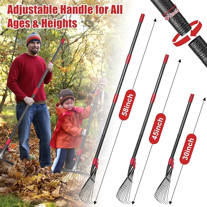 Adjustable Leaf Rake - Metal Garden Rake with 8"-17" Expandable Head, 58" Long Handle, Lightweight Collapsible Design for Leaves & Pine Needles,Lightweight for Flower Beds,Yard, Shrubs,Camping