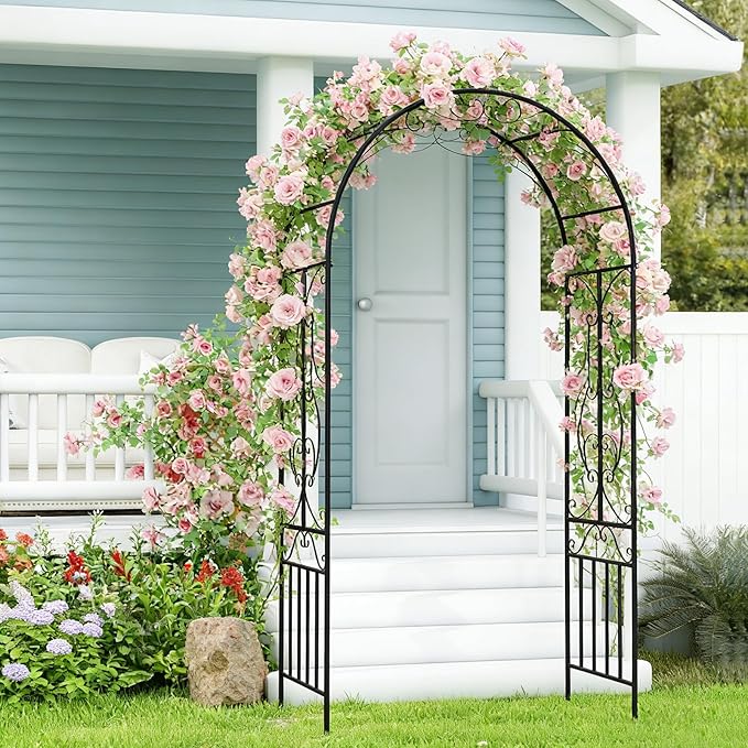 kinbor Garden Arches and Arbors Outdoor Black Metal Arbor for Climbing Plants Vines Roses Wedding Archway