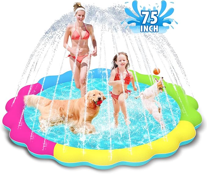 Raxurt Splash Pad, 75in Anti-Slip Splash Pad for Kids Dogs Thickened Durable Bath Pool Pet Summer Outdoor WaterToys Backyard Fountain Play Mat, Colorful