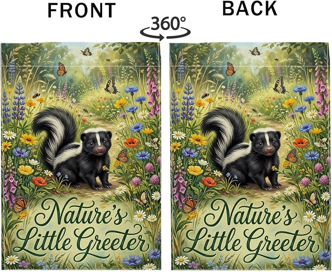 Skunk Garden Flag, Nature Fanciful Butterfly Flowers Spring Green Burlap Double Sided Small Garden Yard Flag for Outdoor Patio Lawn Porch Entrance Campsite 12x18 Inch