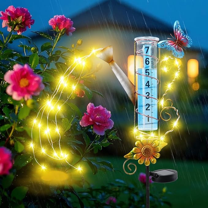 WONDER GARDEN Solar Rain Gauge Outdoor, Kettle Decorative Rain Gauges Outdoors Best Rated with Stream-Like LED Lights, Freeze Proof Water Rain Measure Gauge for Yard Patio Lawn Decor