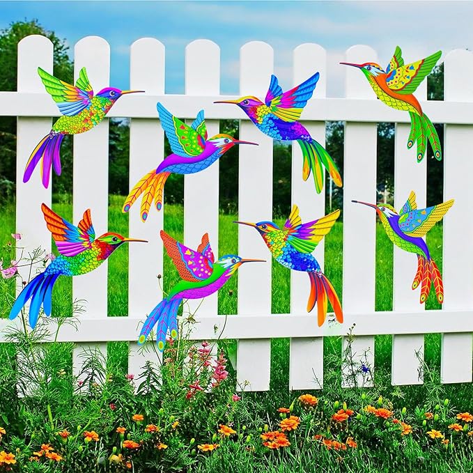 Cruis Cuka Outdoor Wall Art Metal Hummingbird 3D Wall Art for Outside Fence Decorations Outdoor Patio Decor- (Set of 8,Colore)