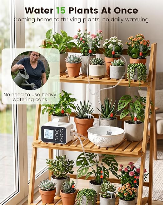 BAOSHISHAN 15 Potted Indoor Plant Watering System, Plug-in & Rechargeable | 30-Day Battery Power, 2 Emitter Types Fit All Plants, Indoor Plant Waterer with Easy Programmable Timer for Vacation Travel