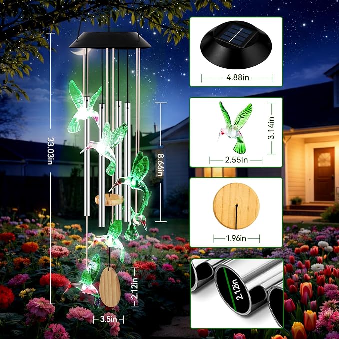 Wind Chimes for Outside, Solar Lights Outdoor Waterproof, Color Changing Hummingbird Light for Yard, Outdoor, Patio, Garden Decor, Wind Mobiles Gardening Gifts for Women, Mom, Wife, Green Hummingbird