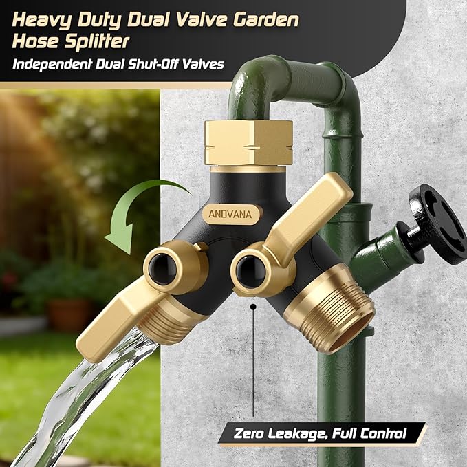 Hose Splitter 2 Way Heavy Duty, Garden Hose Splitter- Full Metal Body Y Type with Dual Shut Off Valves, 3/4" Standard Threads, Leak-Proof Dual Outlet Splitter for Sprinklers and Irrigation Systems