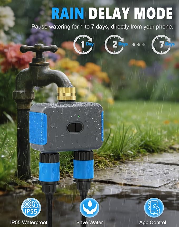 WiFi Sprinkler Timer, 2 Zone Smart Bluetooth Hose Timers, Water Timer with APP, Digital Irrigation System Compatible with Alexa Google, for Outdoor Garden Lawn