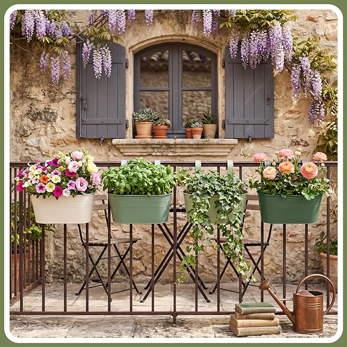 Hicarer Metal Hanging Flower Pots for Railing Fence, Large Hanging Rail Planters for Outdoor Window Balcony Plants Holder with Hooks for Garden Yard Home Decor(White,Green,4 Pcs)