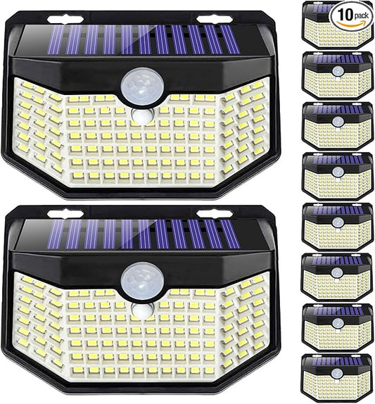 HMCITY Outdoor Solar Lights 120 LED with Motion Sensor and 3 Lighting Modes, IP65 Waterproof, 130 ° Wide Solar Wall Lights Powered for Garden Patio(Front Button 10Packs, Black Shell-Daylight White)