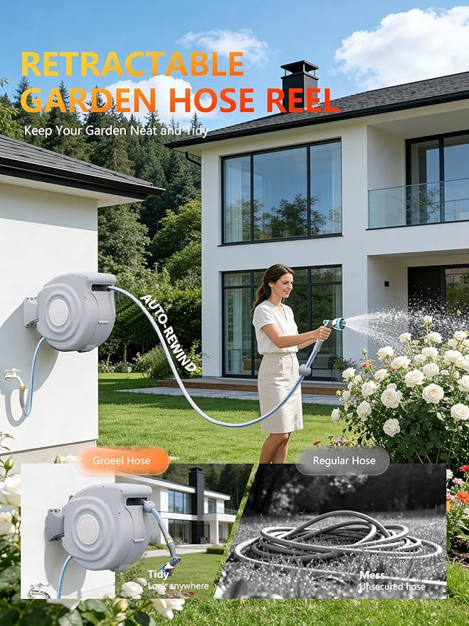 Retractable Garden Hose Reel 1/2 in x 100 ft Heavy Duty Automatic Water Hose Reel with 10-Function Sprayer Nozzle Kink-Free Auto Rewind Any-Length Lock 180° Swivel UV Resistant - Light Gray