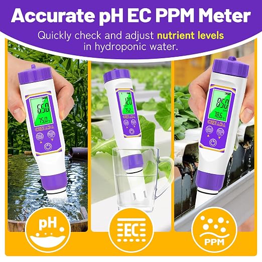 Smart pH Meter for Water pH and EC Meter for Hydroponics Nutrients Digital pH and PPM Tester for Reservoir Water 4 in 1 pH EC TDS Temp Tester for Indoor Plant Growing, DWC, Pool, Aquariums