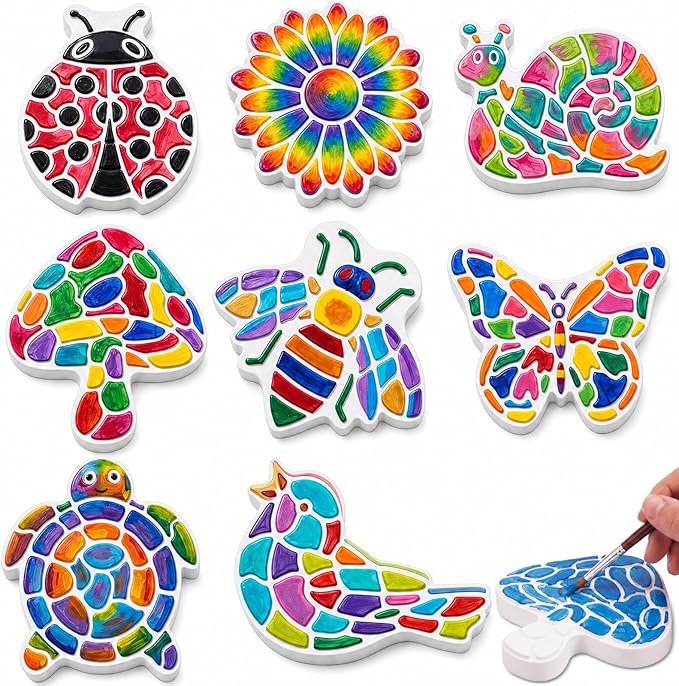 Lewtemi 8 Pcs Paint Your Own Stepping Stones for Craft, DIY Plaster Stepping Stones Garden Decor Painting Art Set for Art Class, Summer Activities & Home Decor (Assorted Design)