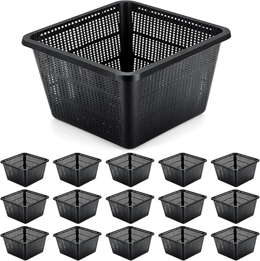 16 Pcs Aquatic Plant Baskets for Hydroponics Water Plant Pots Black Plastic Mesh Basket 9 x 9 x 5.2 Inch Square Pond Containers for Island Live Aquarium Botany Flowers