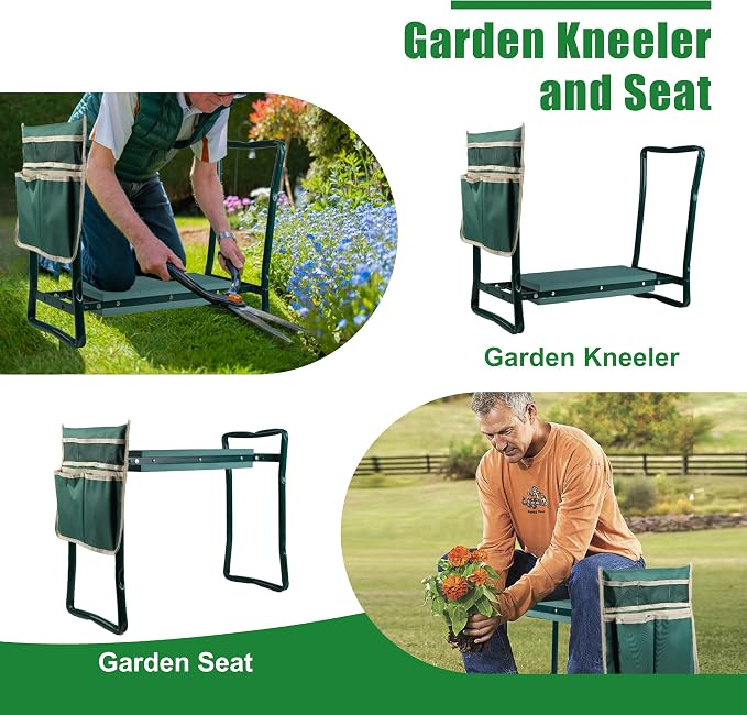 Garden Kneeler and Seat with EVA Foam Pad - Sturdy & Lightweight Foldable Gardening Bench Stool with Tool Bag Pouch, Practical Outdoor Kneeling and Sitting Tool (Green)