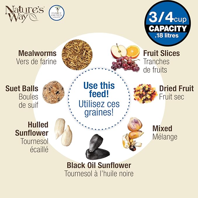 Nature's Way BBFM1 Bluebird Buffet Metal Bird Feeder with Protective Baffle, Outdoor Wild Bird Feeder and Décor, One Glass Dish with 3/4 Cup capacity, Blue