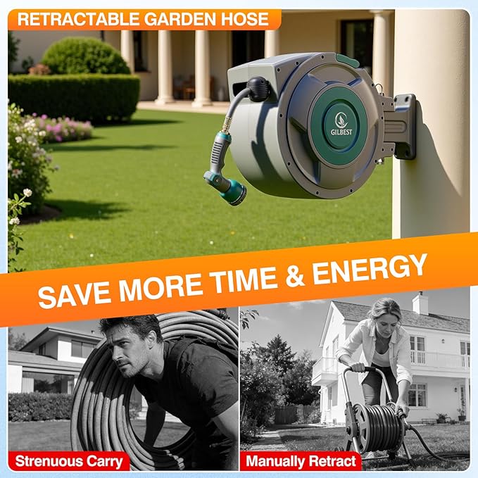 5/8" x 100 ft Retractable Garden Hose Reel, Heavy Duty Water Hose Reel Wall Mounted, Any Length Lock, 180°Swivel, Retractable Hose with 10-Function Nozzle for Cleaning, Watering (Green)