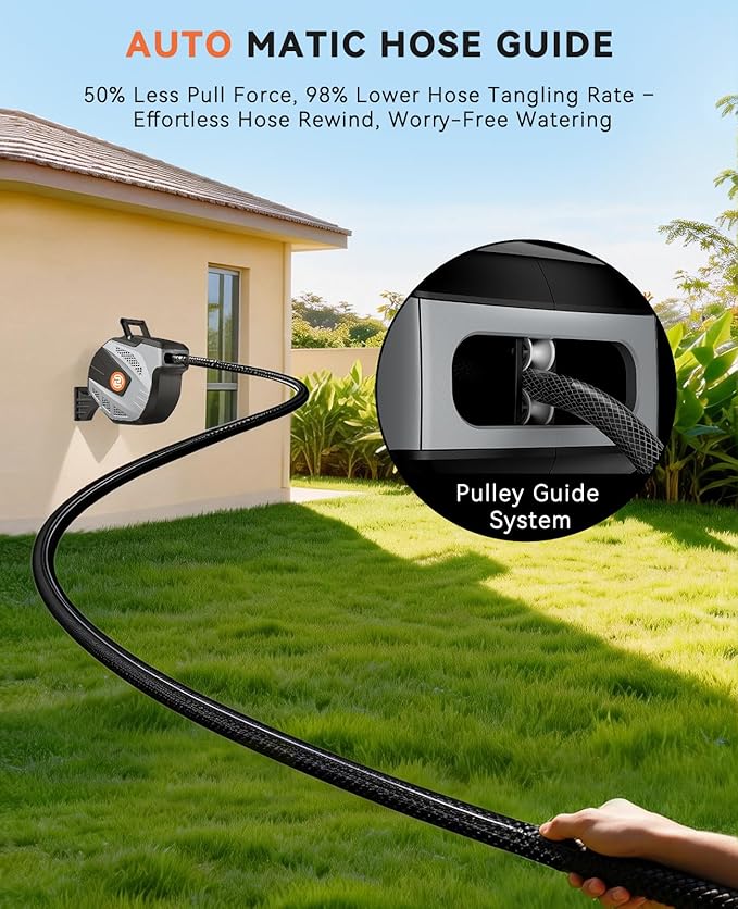 SUNPOW Retractable Garden Hose Reel - 1/2 inch x 85ft Heavy Duty Wall Mounted Hose Reel with 3/4 inch Brass Fitting & 10 Sprayer Nozzle - Any Length Lock, Auto Rewind System, 180°Swivel Bracket- Grey