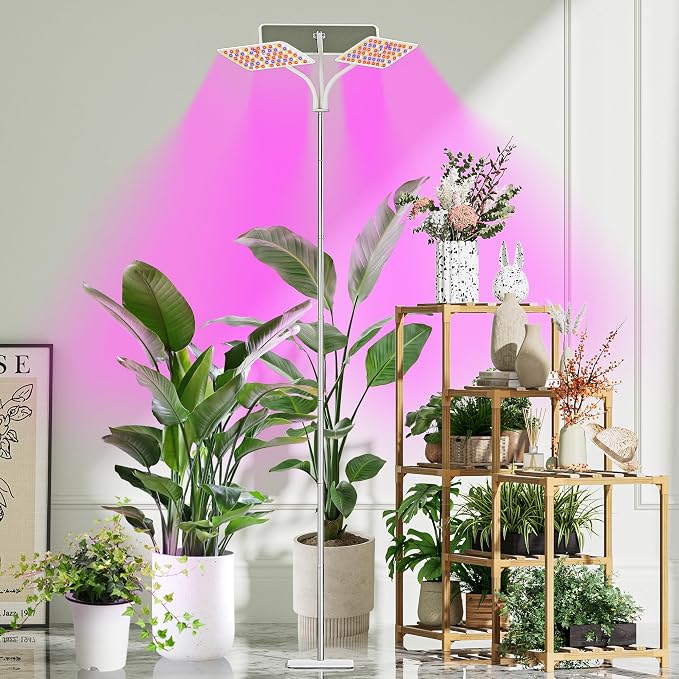 KINGPLUS Grow Lights with Stand, Three Heads, Full Spectrum LED Grow Light for Indoor Plants, 360 Leds, 4 Dimmable Levels, Timer 4/8/12h, 12-60inches Height Adjustable, 48w, Ideal for Desk Small Plant