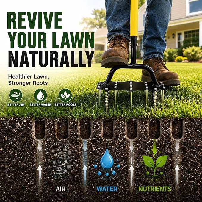 Manual Lawn Aerator Tool – Pre-Assembled 16-Spike Yard Aerator with Ergonomic T-Handle, Double-Spring Auto Dirt Clean, Heavy Duty Steel Grass & Soil Aerator for Lawn Aeration
