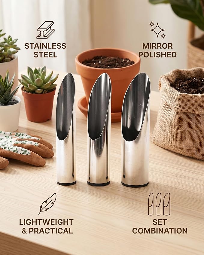 Stainless Steel Soil Scoops - 3-Piece Garden Scoop Set for Indoor Plants, Bonsai & Succulents, Multi-Size Plant Soil Shovel Kit for Transplanting, Potting & Material Handling