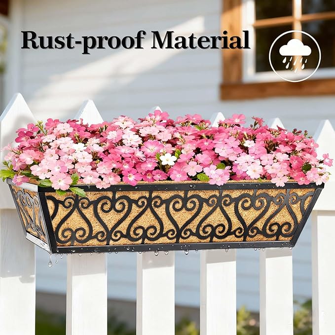 4 Pack 24 Inch Deck Railing Planter Box - Window Boxes Planters with Adjustable Brackets Coco Liners Balcony Planters Railing Hanging for Window Flower Boxes Outdoor Garden Decor