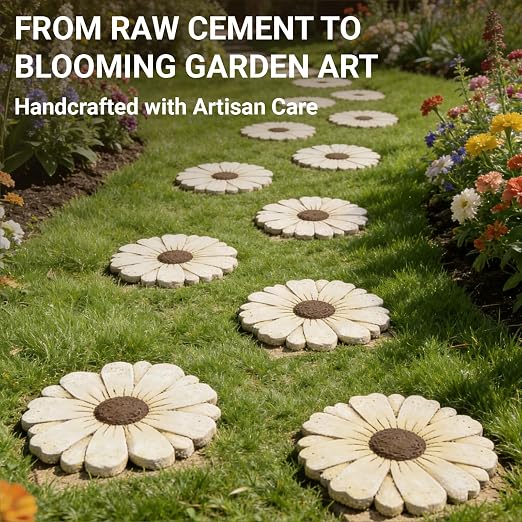 Heavy Duty Concrete Stepping Stone 10 Inch Daisy Design, Non Slip Garden Pathway Stone for Outdoor Walkway Yard Patio Lawn (White)