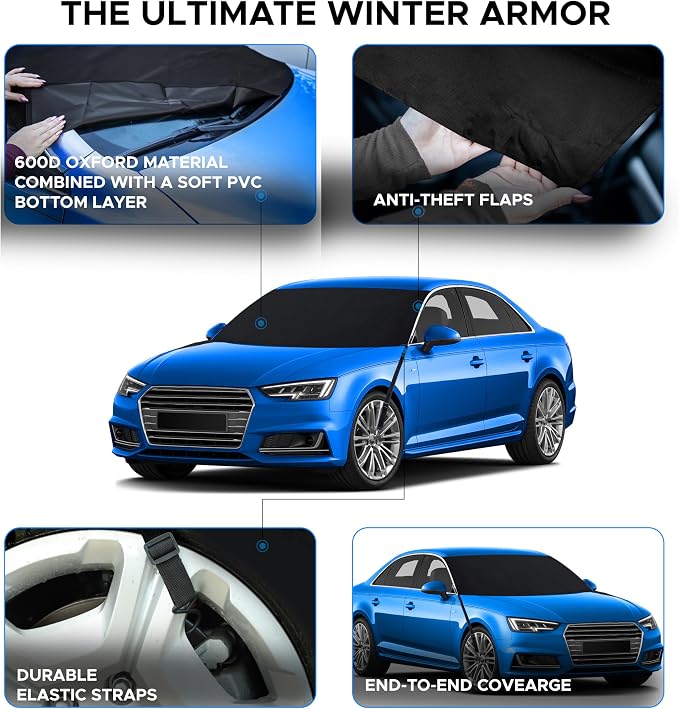 EcoNour Windshield Cover for Ice and Snow | Easy-Install with Adjustable Hooks & Storage Bag | Ice & Snow Protection | Anti-Theft Windshield Covers
